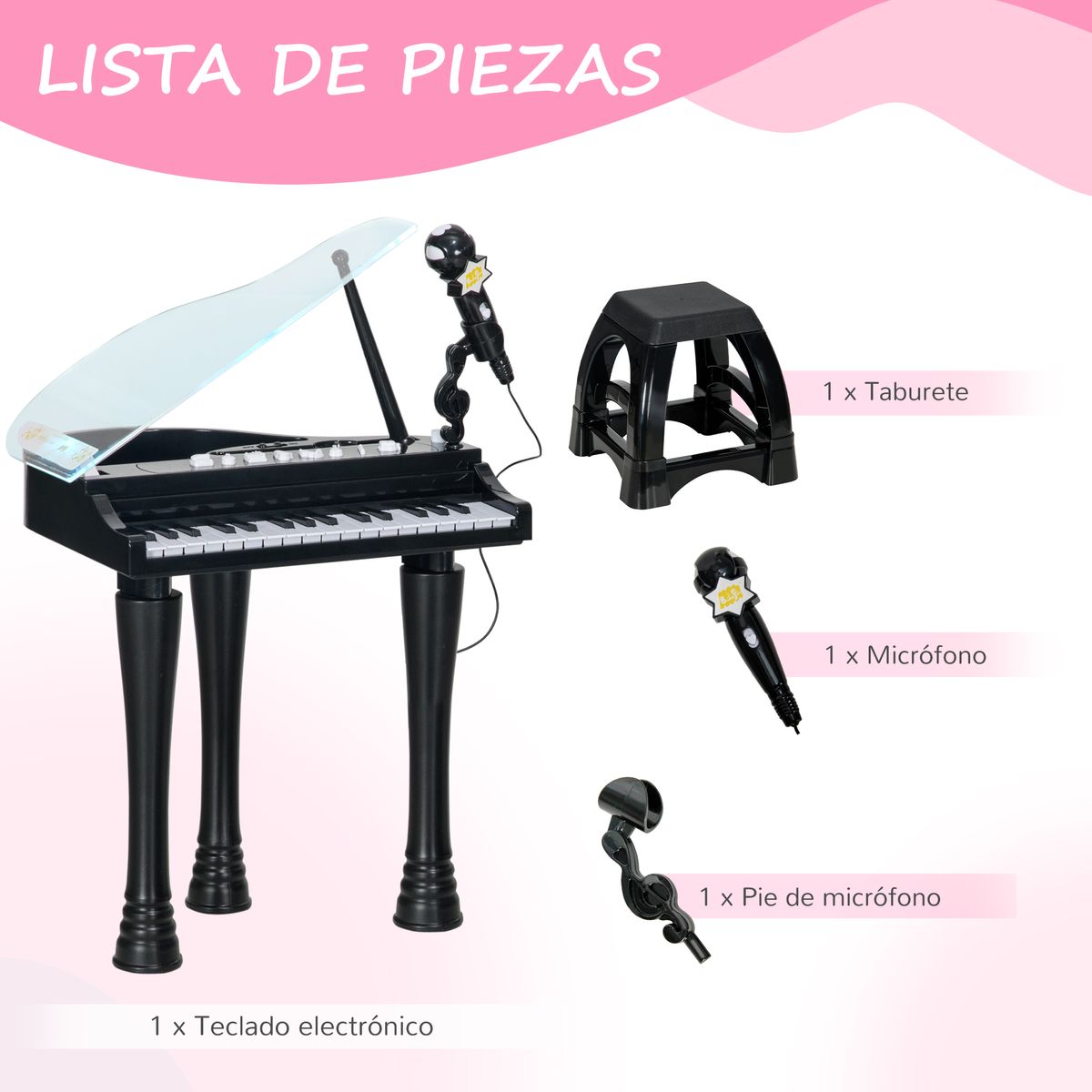 Piano infantil Classic Aiyaplay con micrófono + 22 canciones negro 60,4x37x30,5 cm
