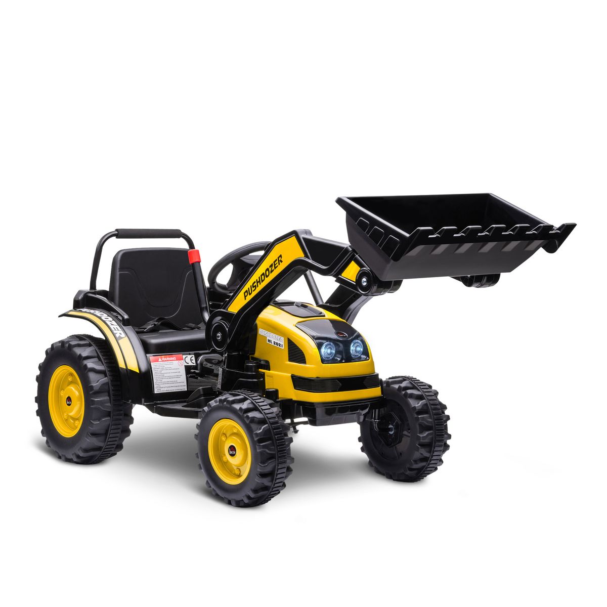 Tractor excavadora eléctrica Homcom con luces + 2 velocidades +3A amarillo 65x132x62 cm fondo blanco