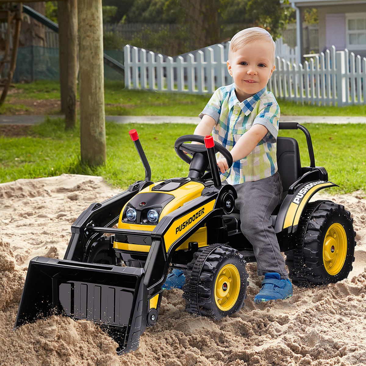 Tractor excavadora eléctrica Homcom con luces + 2 velocidades +3A amarillo 65x132x62 cm animada