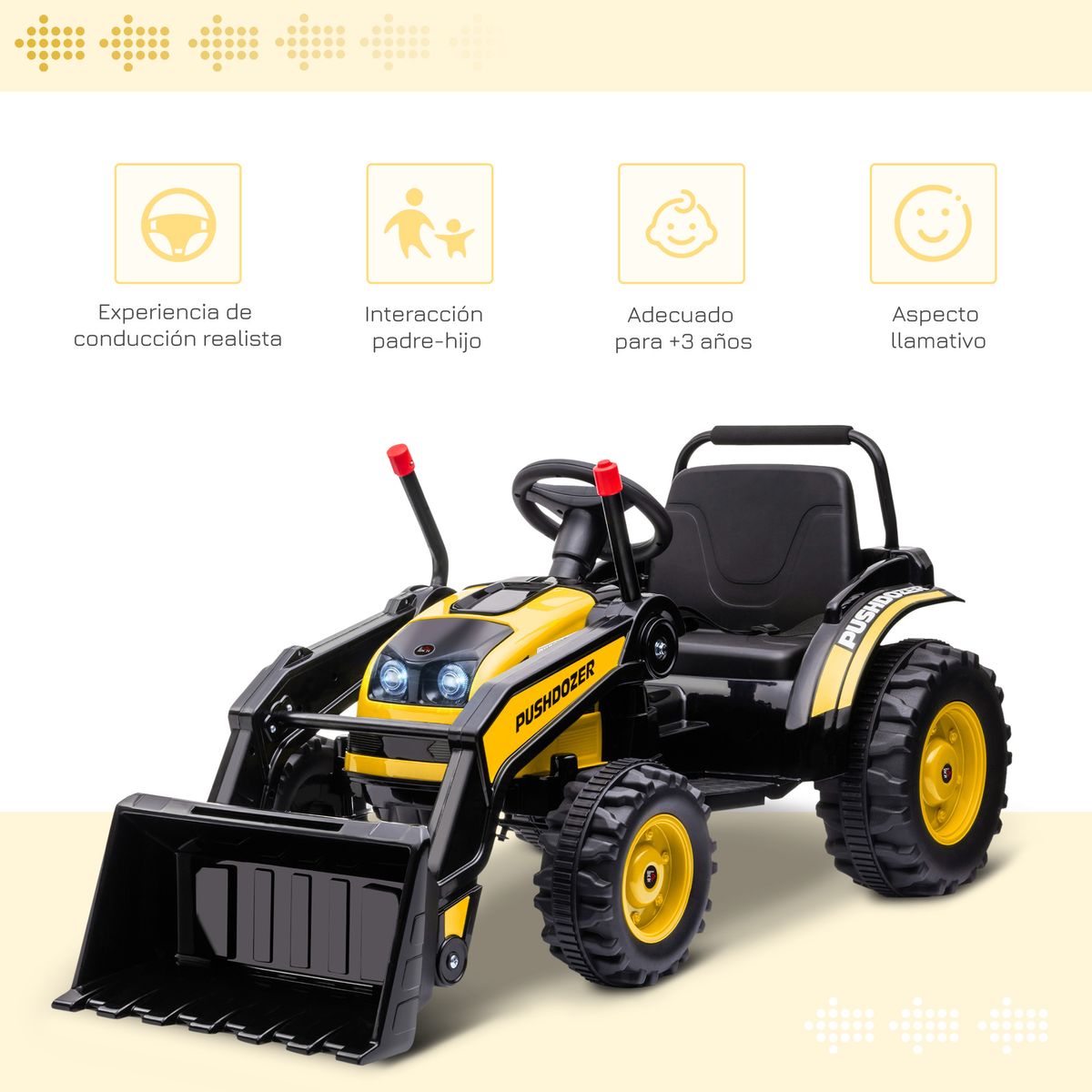 Tractor excavadora eléctrica Homcom con luces + 2 velocidades +3A amarillo 65x132x62 cm