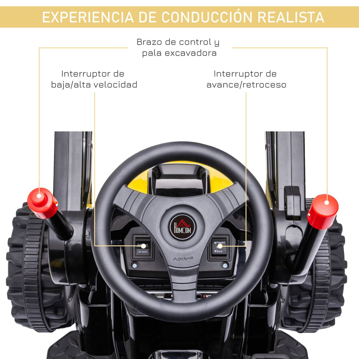 Tractor excavadora eléctrica Homcom con luces + 2 velocidades +3A amarillo 65x132x62 cm volante