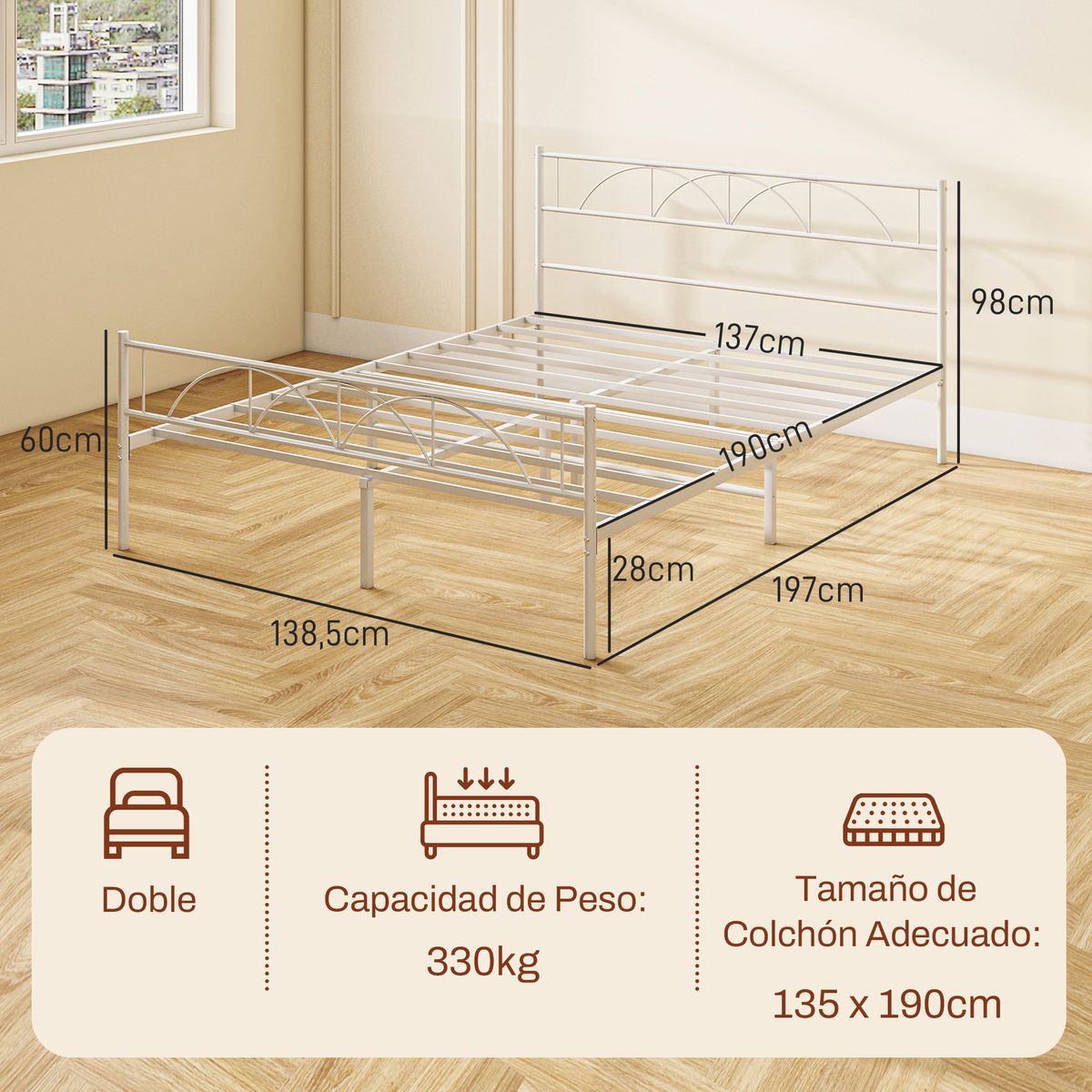 Estructura de cama doble Alaska Homcom con cabecero acero blanco 135x190 cm