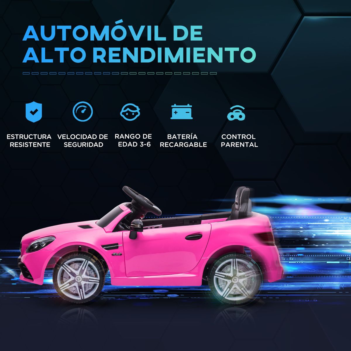 Cochecito eléctrico Mercedes SLC 300 Aiyaplay con mando + LED + música +3A rosa 44x107x62,5 cm