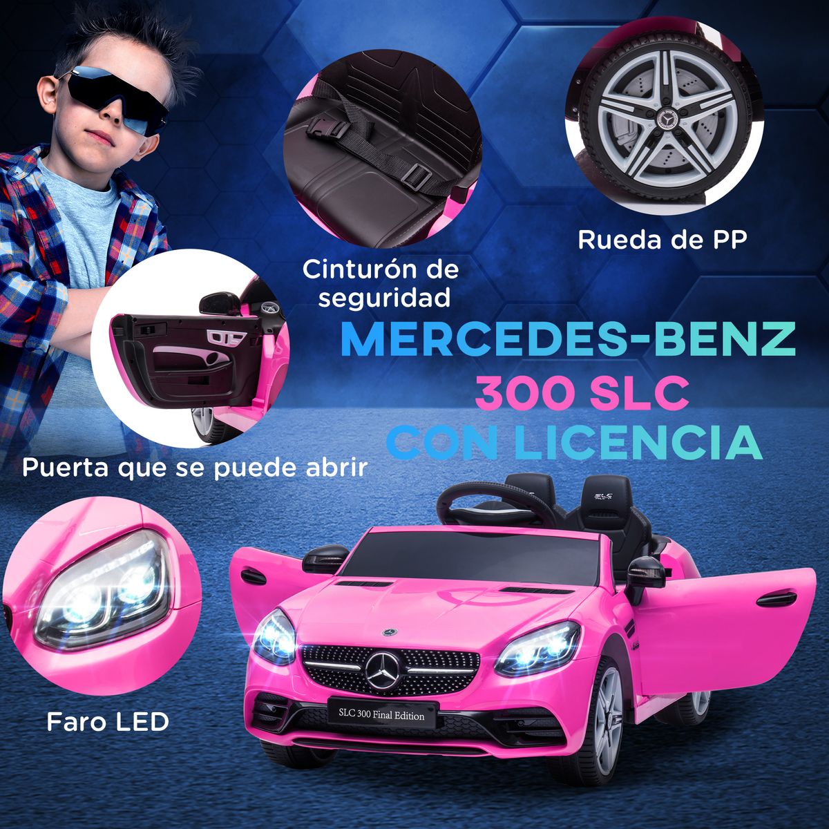 Cochecito eléctrico Mercedes SLC 300 Aiyaplay con mando + LED + música +3A rosa 44x107x62,5 cm