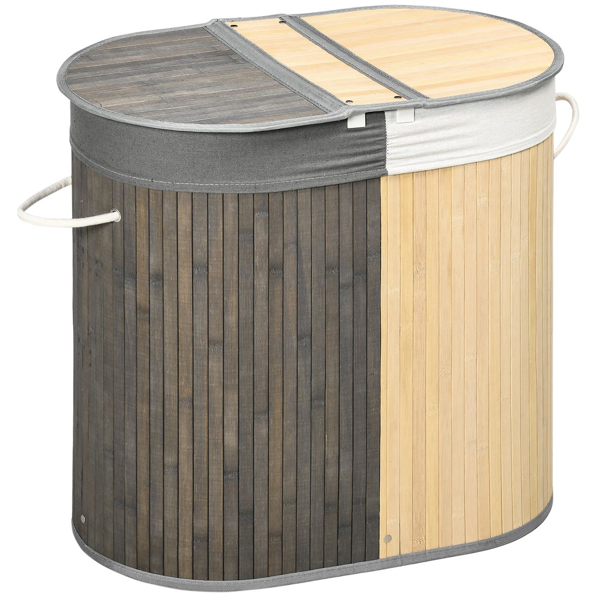 Cesto para ropa sucia Ying Yang Homcom 100L 2 compartimentos gris/natural 60,5x62,5x37 cm fondo blanco