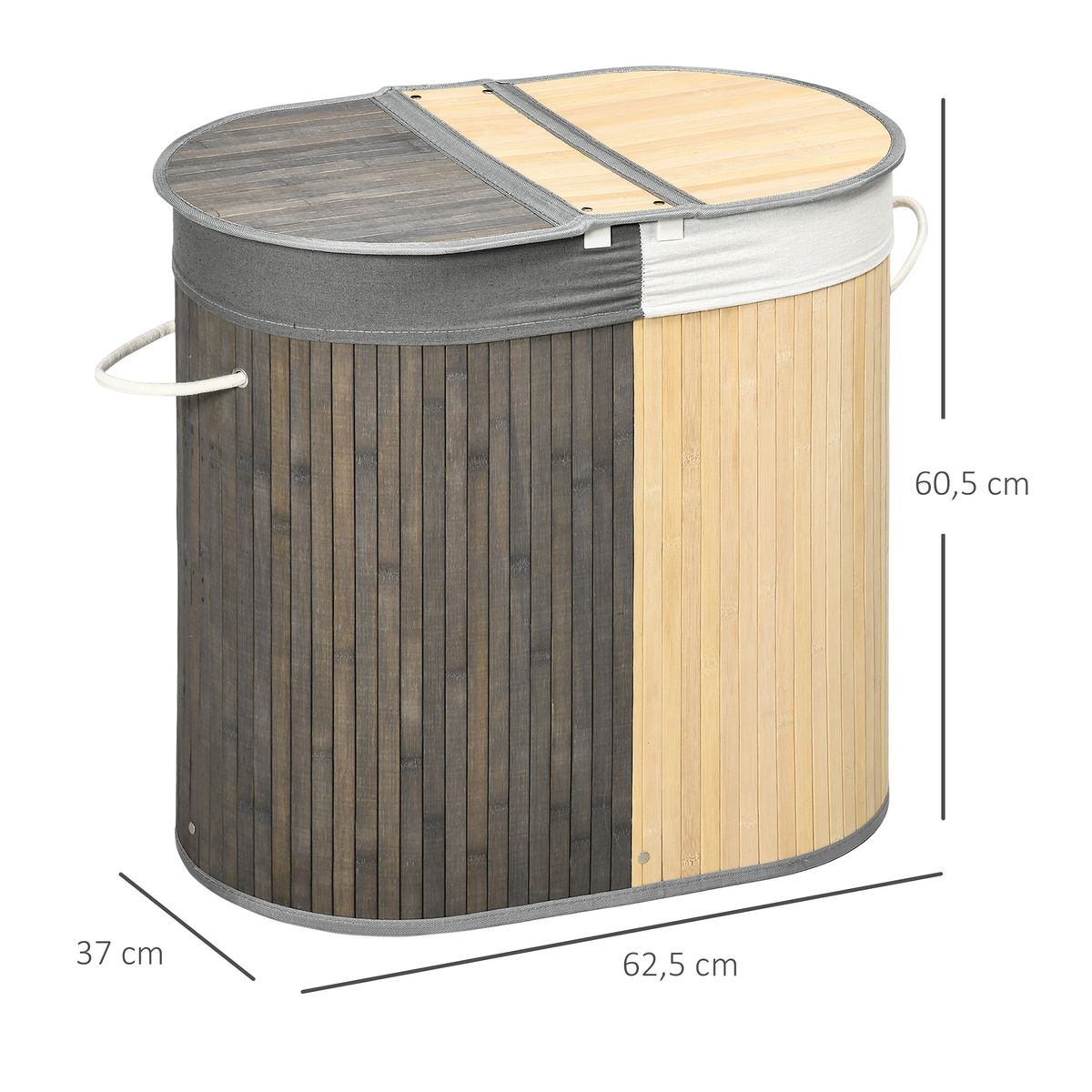 Cesto para ropa sucia Ying Yang Homcom 100L 2 compartimentos gris/natural 60,5x62,5x37 cm medidas
