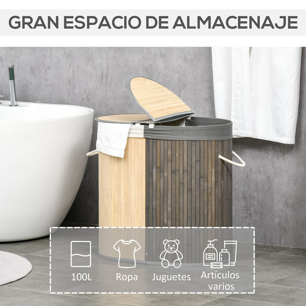 Cesto para ropa sucia Ying Yang Homcom 100L 2 compartimentos gris/natural 60,5x62,5x37 cm