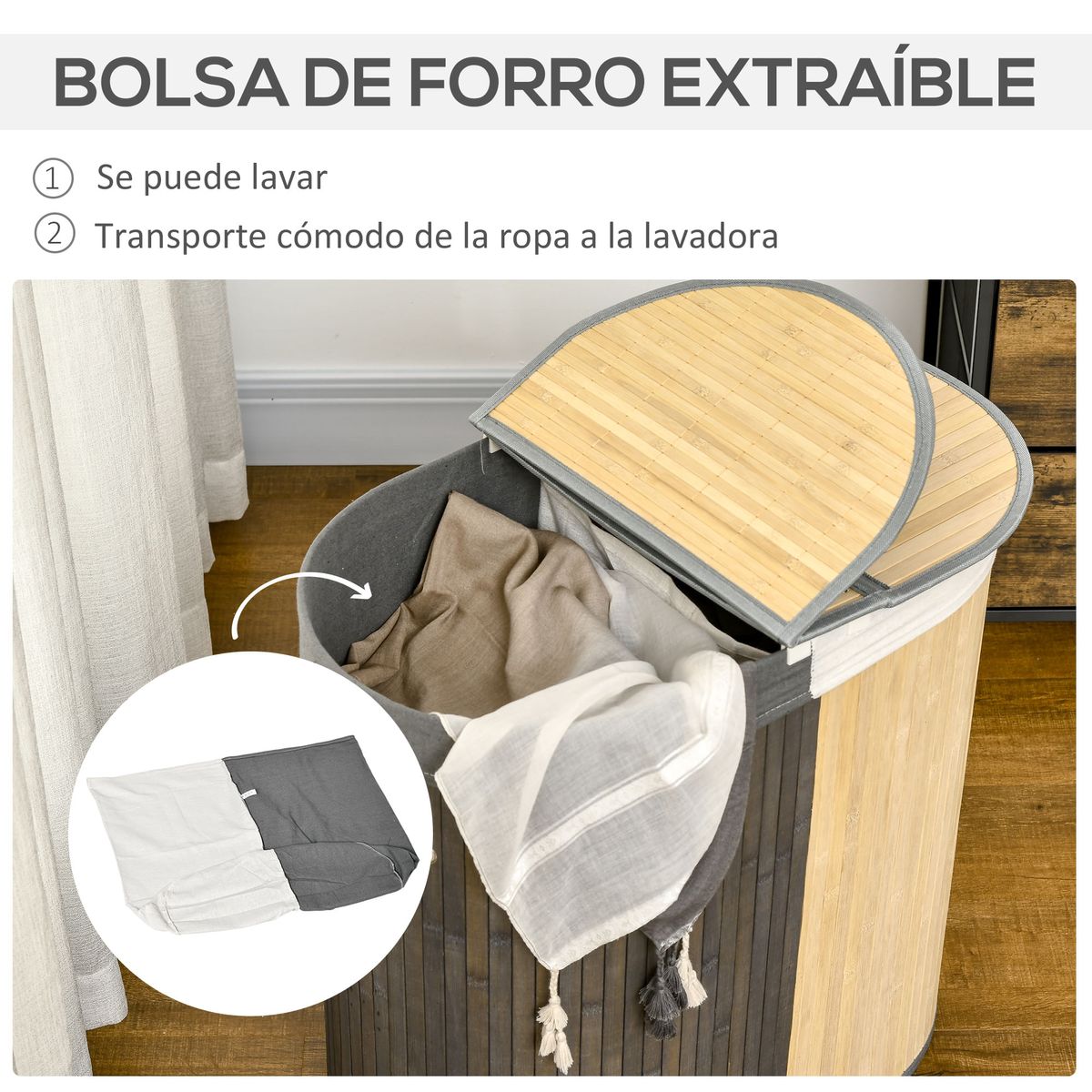 Cesto para ropa sucia Ying Yang Homcom 100L 2 compartimentos gris/natural 60,5x62,5x37 cm
