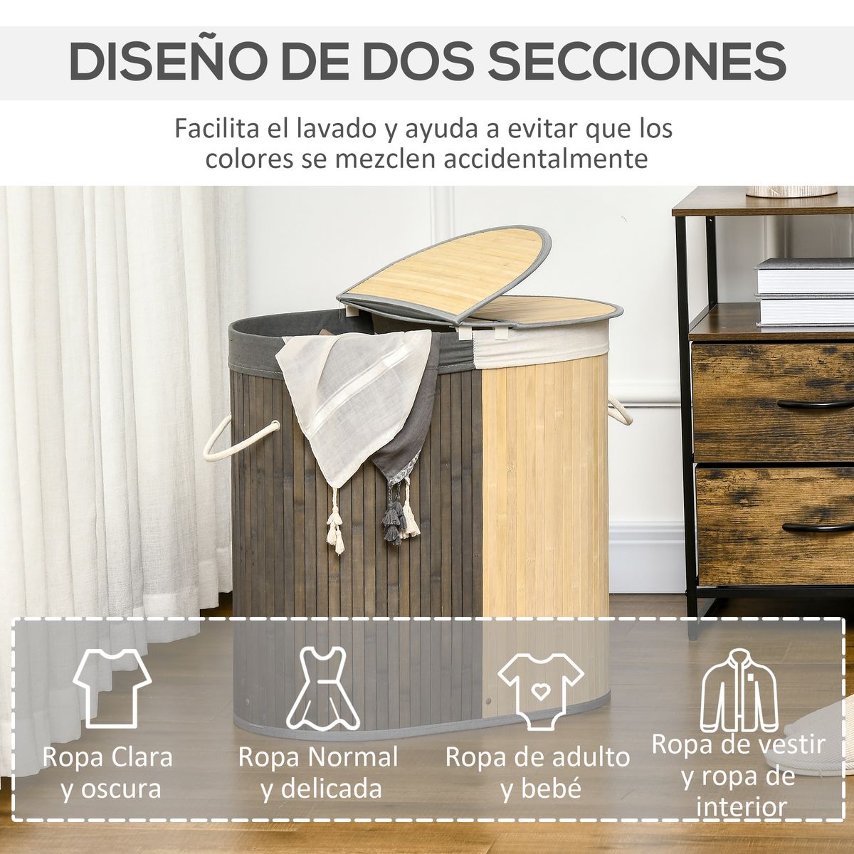 Cesto para ropa sucia Ying Yang Homcom 100L 2 compartimentos gris/natural 60,5x62,5x37 cm