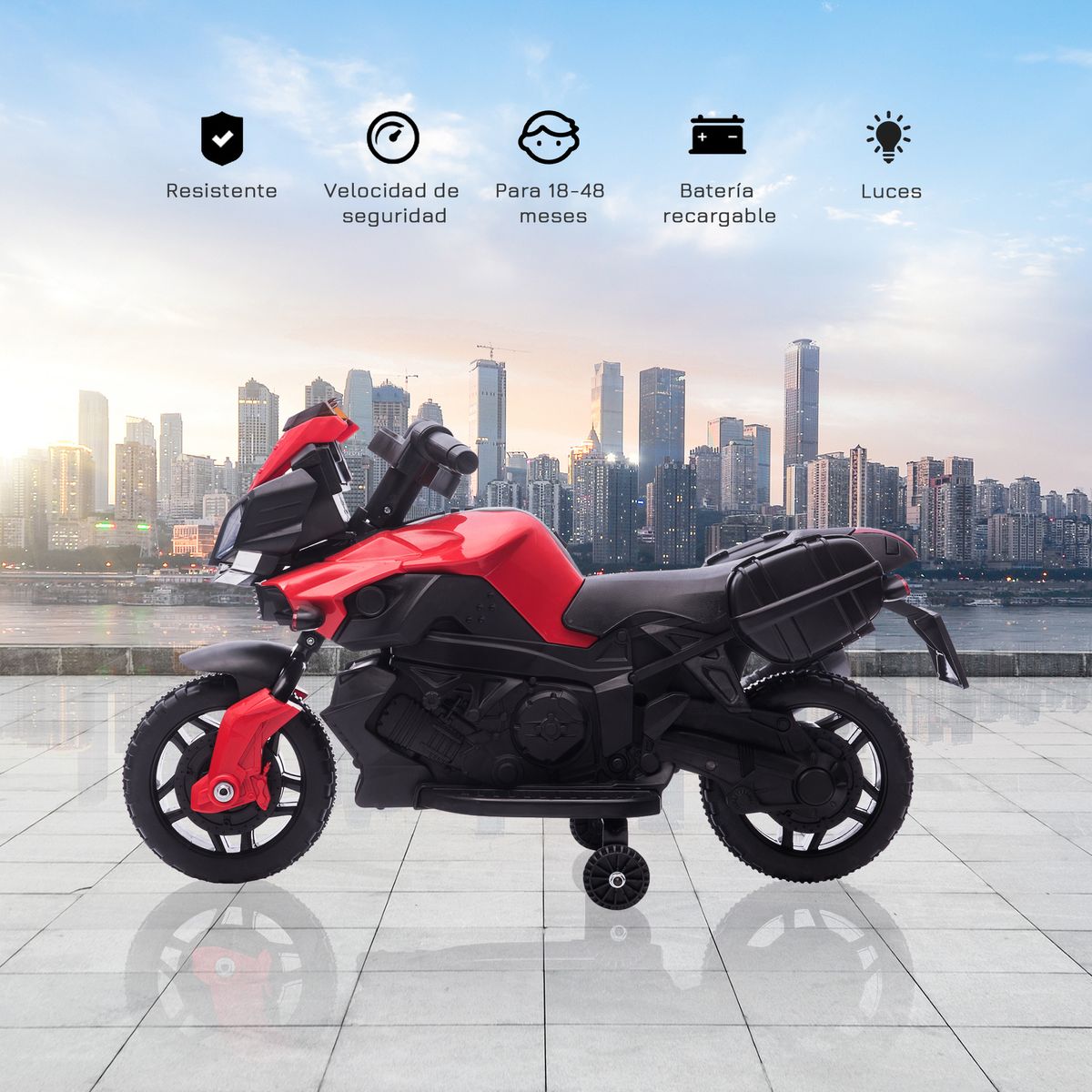 Moto eléctrica infantil Zoom Homcom faros LED + ruedines rojo 49x42,5x88,5 cm