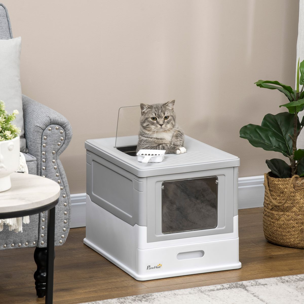 Arenero para gatos Piki PawHut plegable + puerta + bandeja gris 36,7x35,5x47,5 cm