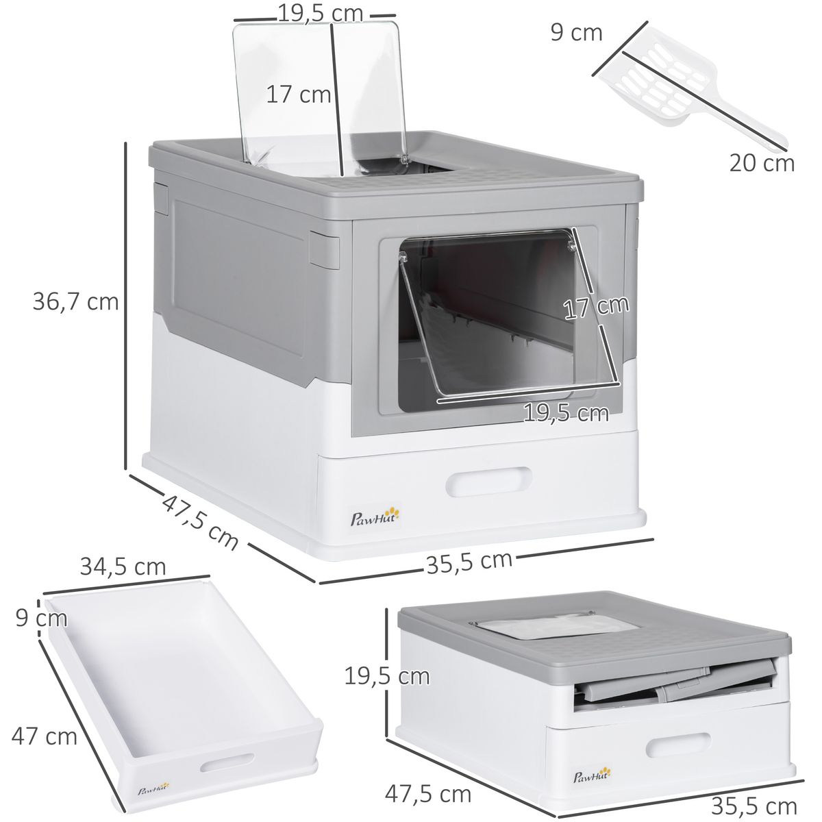 Arenero para gatos Piki PawHut plegable + puerta + bandeja gris 36,7x35,5x47,5 cm