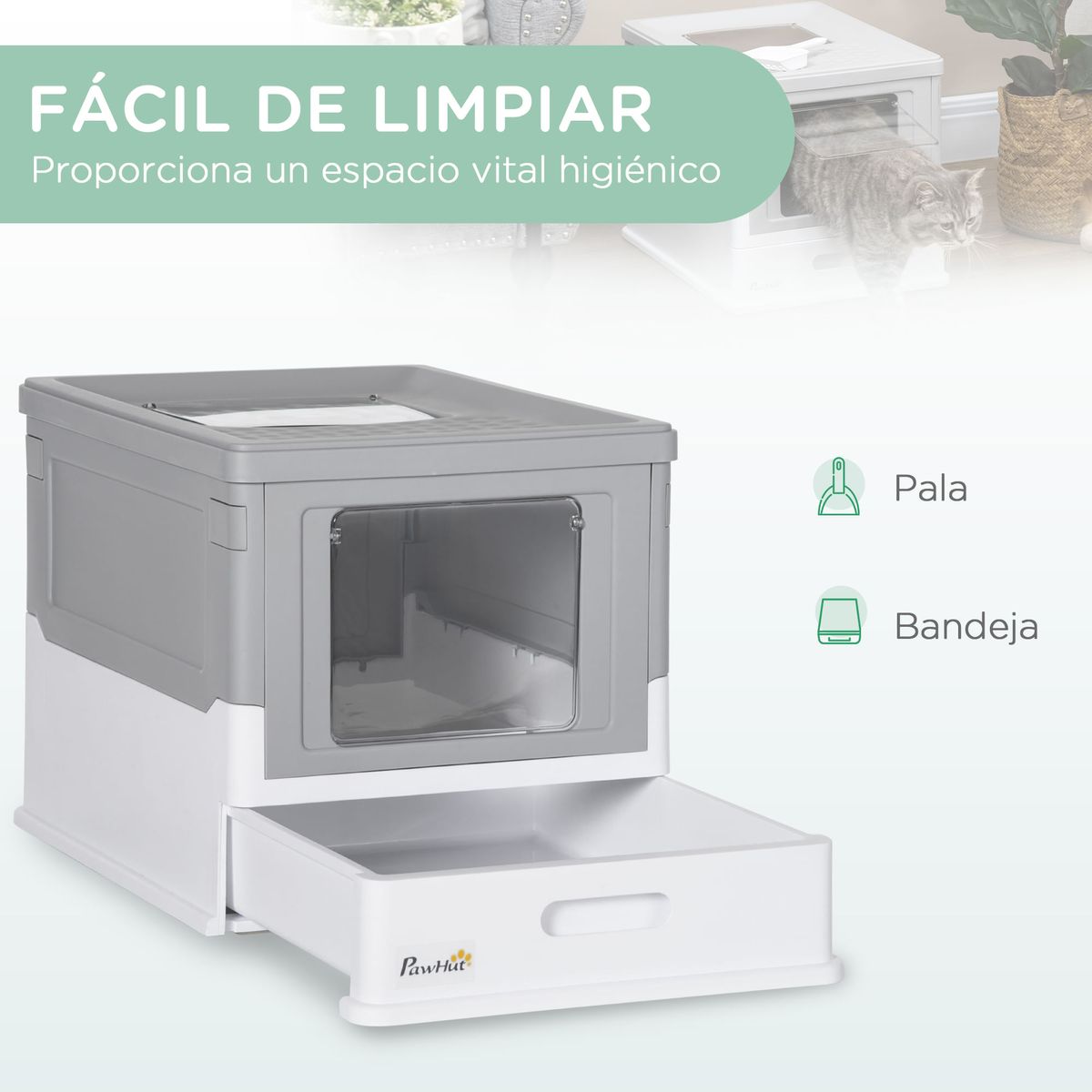 Arenero para gatos Piki PawHut plegable + puerta + bandeja gris 36,7x35,5x47,5 cm