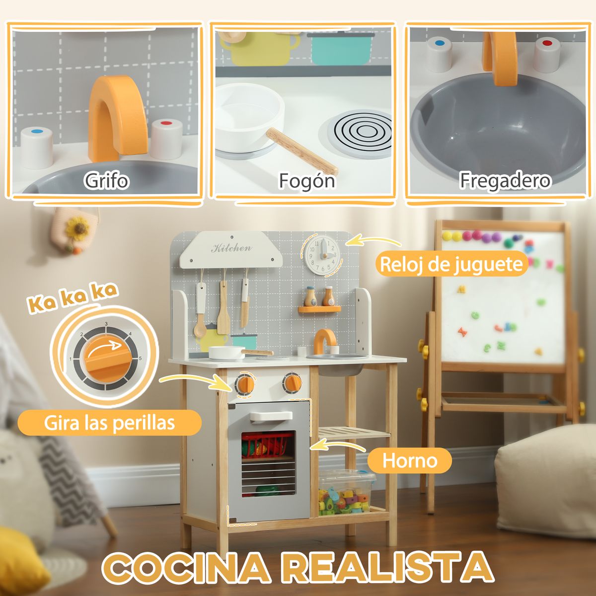 Cocinita infantil Rhio Aiyaplay con sonidos + accesorios +3A gris 82x57x26 cm