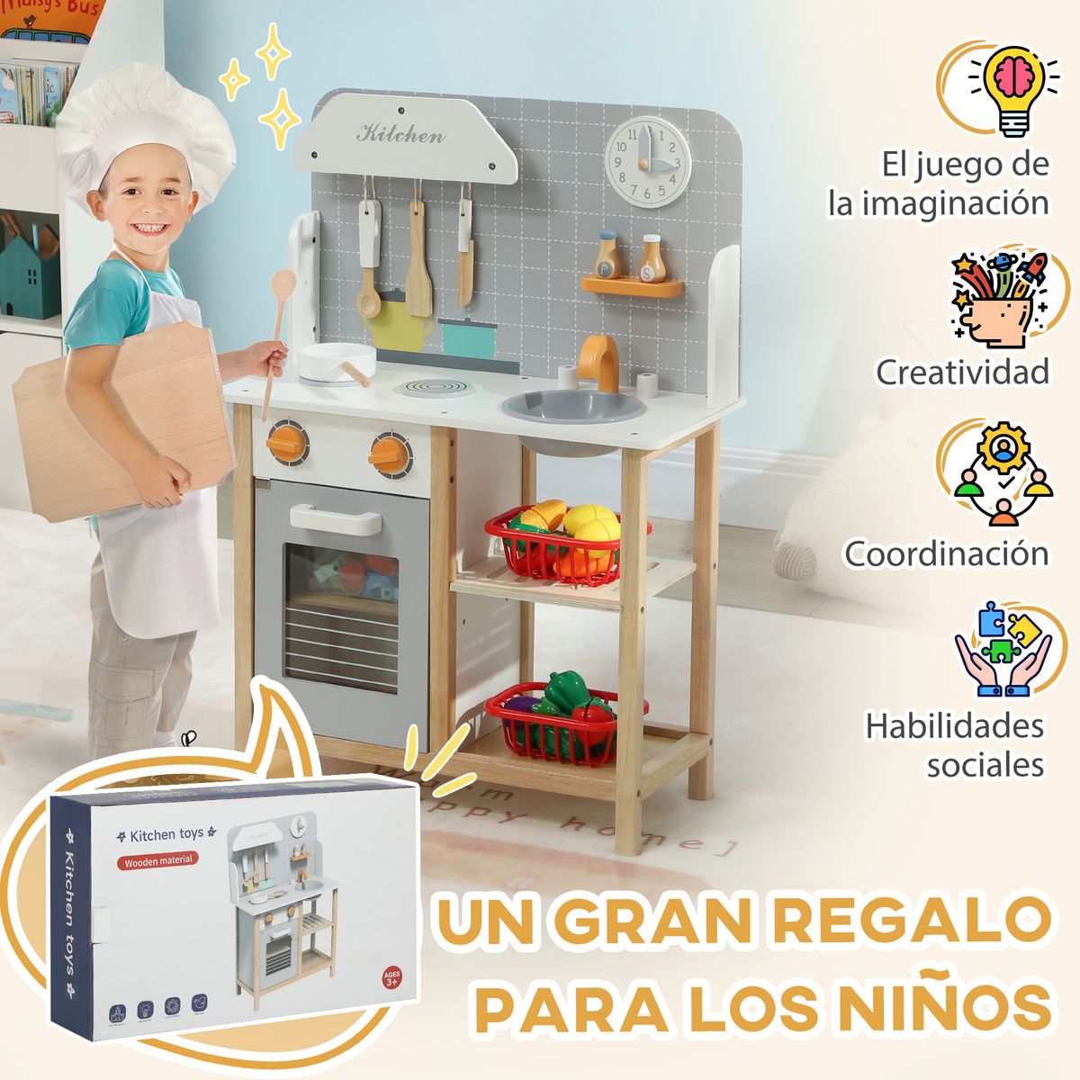 Cocinita infantil Rhio Aiyaplay con sonidos + accesorios +3A gris 82x57x26 cm