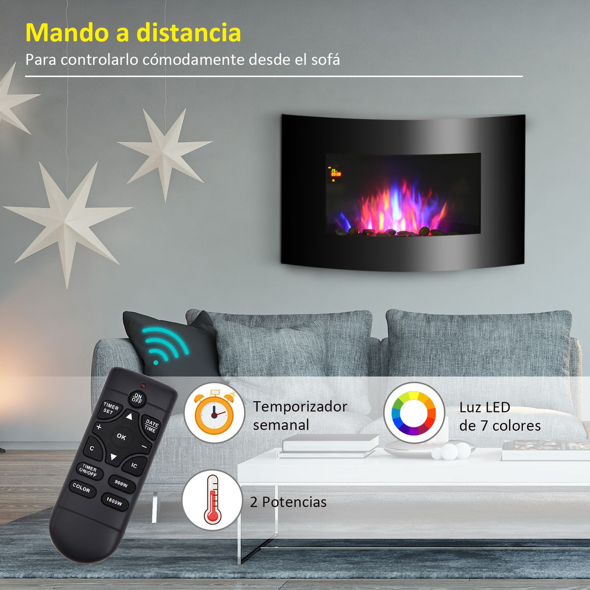 Chimenea eléctrica Homcom 1800W con mando a distancia 25-30 m² negro