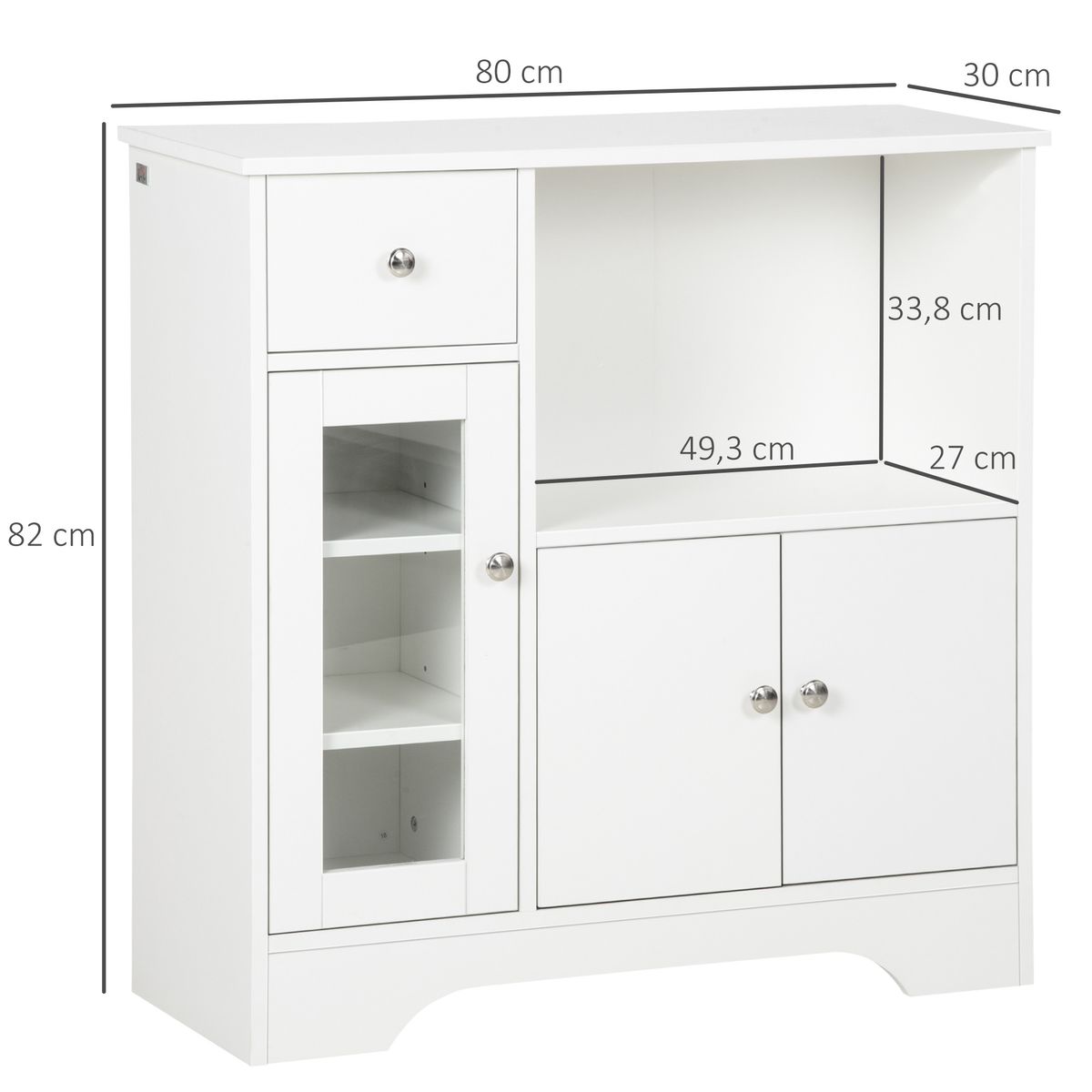 Aparador Melon Homcom 1 cajón + 2 armarios + compartimento blanco 82x80x30 cm medidas
