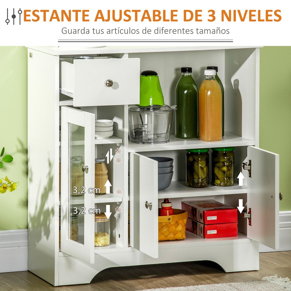Aparador Melon Homcom 1 cajón + 2 armarios + compartimento blanco 82x80x30 cm