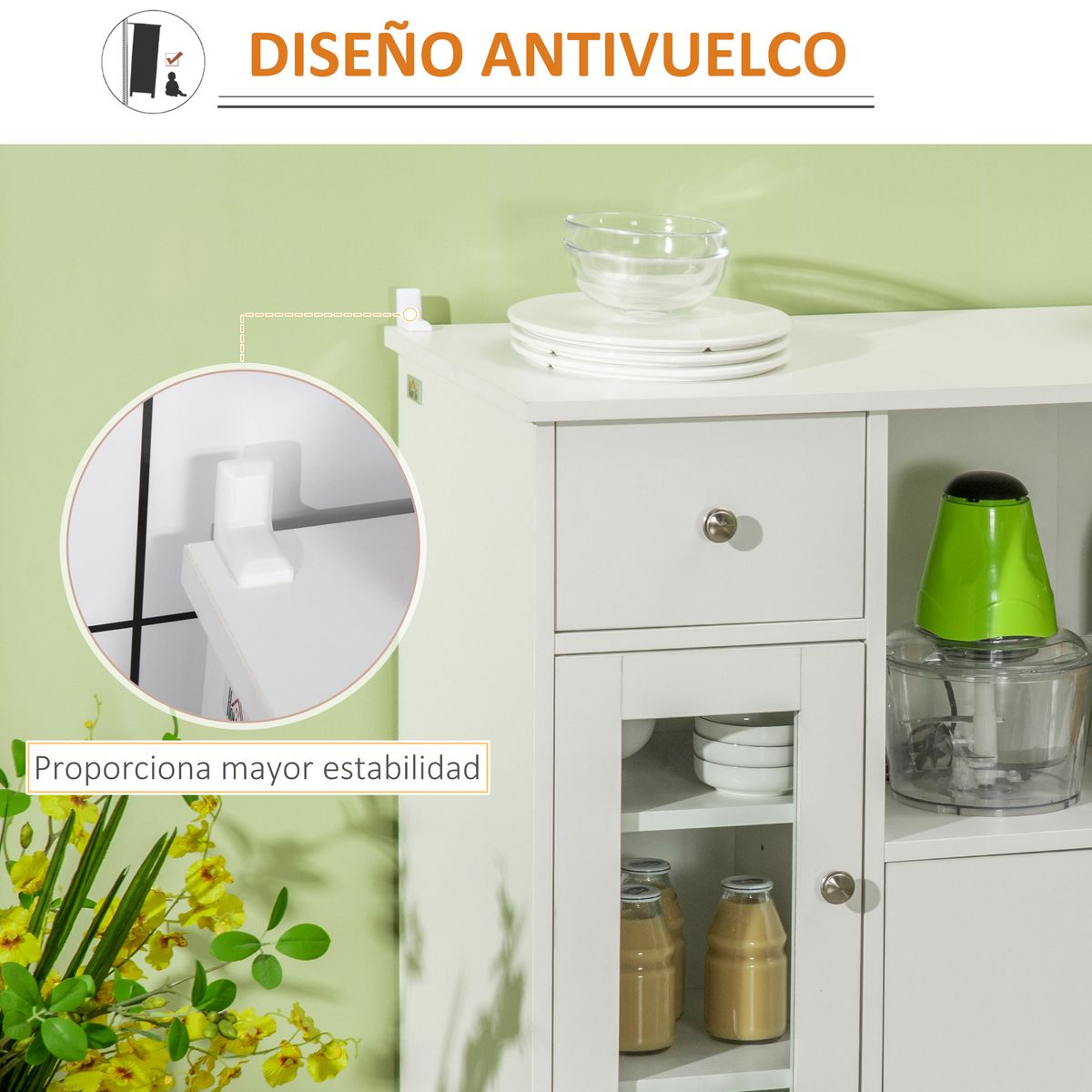 Aparador Melon Homcom 1 cajón + 2 armarios + compartimento blanco 82x80x30 cm
