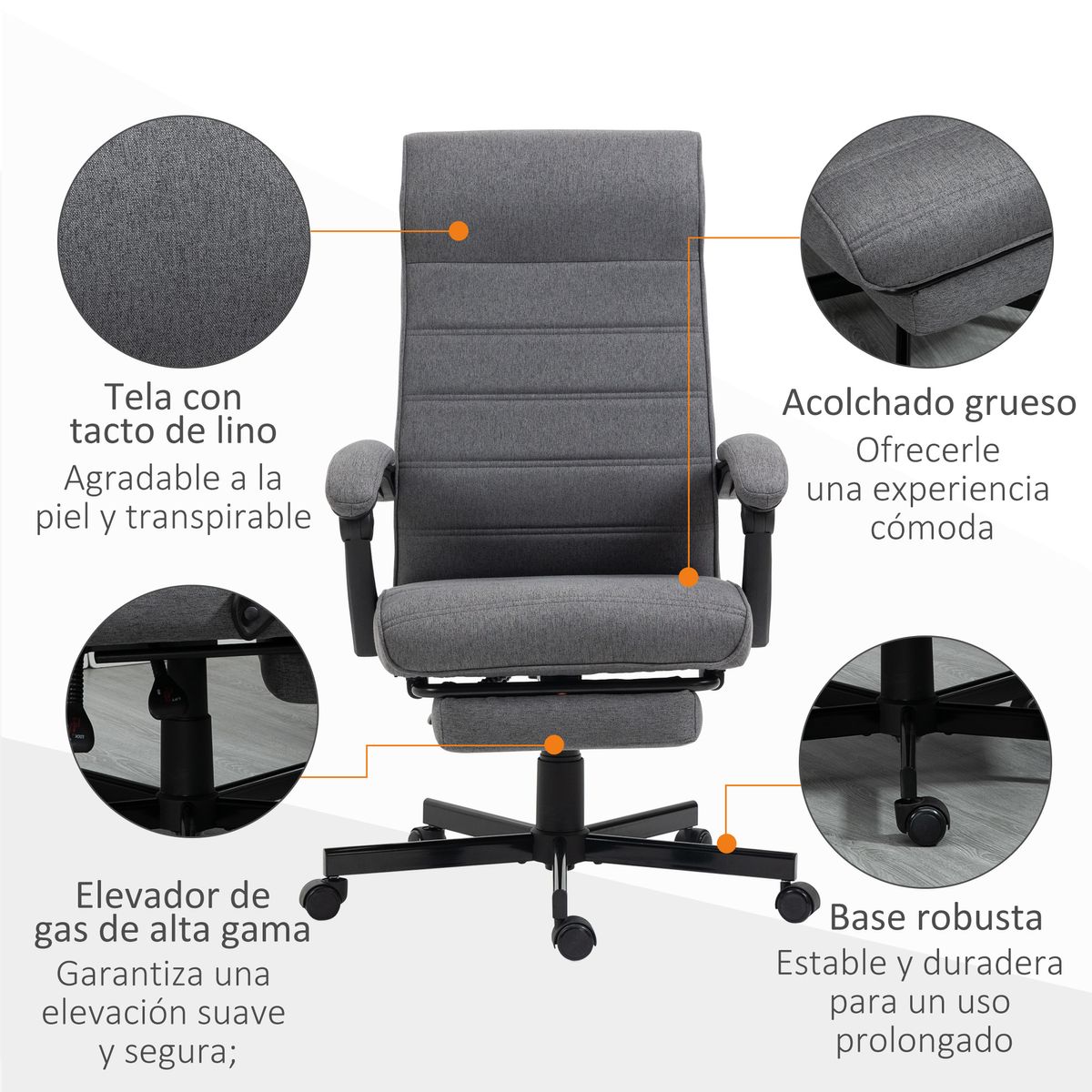 Silla de escritorio Adolfo Vinsetto reclinable + reposapiés retráctil gris 106-114x68x67 cm