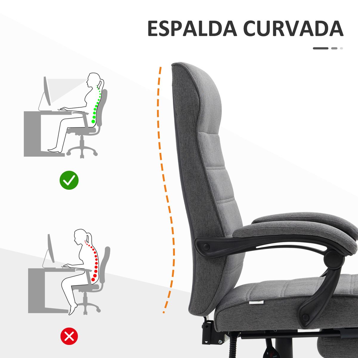 Silla de escritorio Adolfo Vinsetto reclinable + reposapiés retráctil gris 106-114x68x67 cm