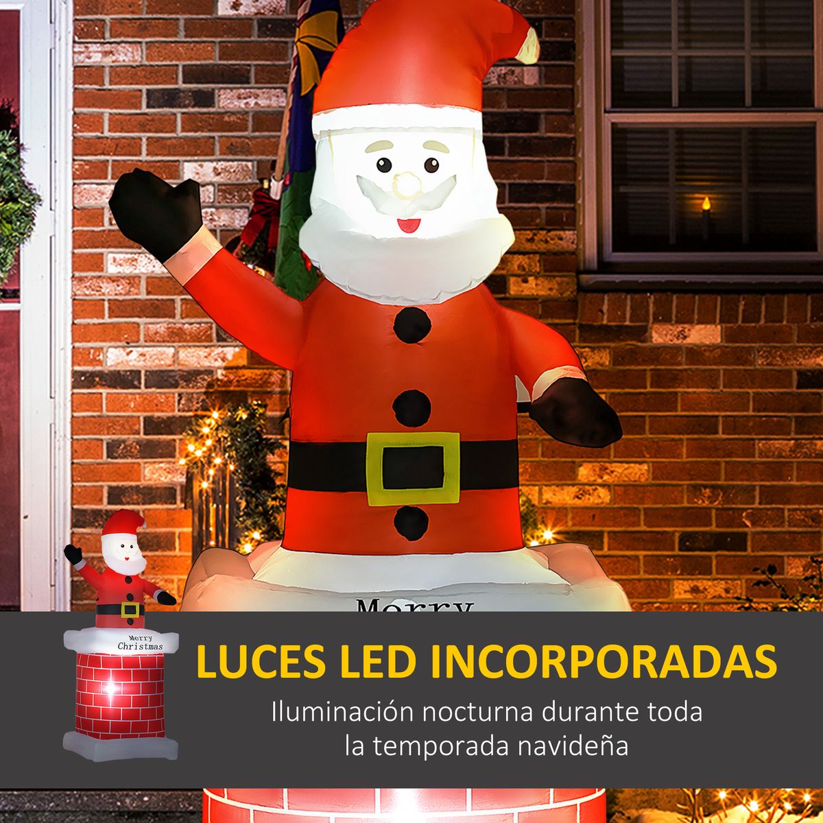 Papá Noel hinchable Homcom 2 luces LED + inflador multicolor 210x80x70 cm