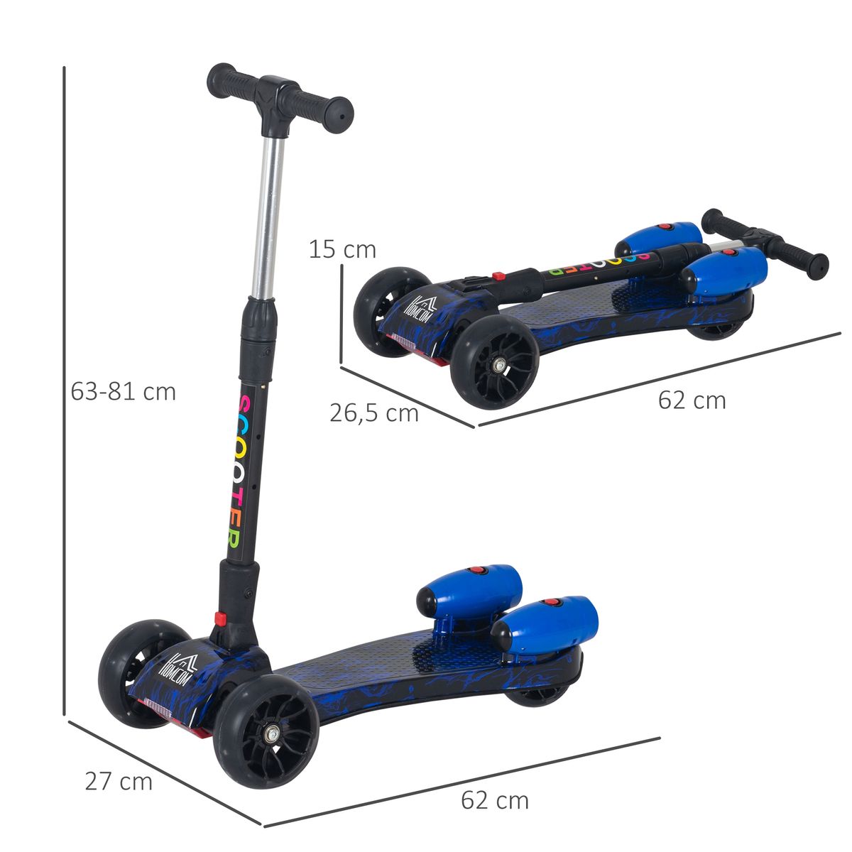 Patinete infantil Scooter Homcom plegable +3A azul 63-81x62x27 cm medidas