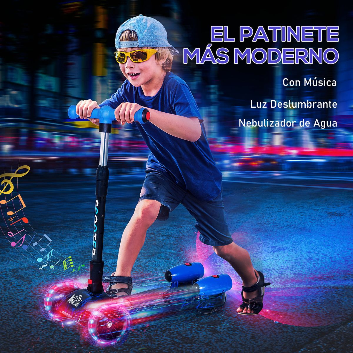 Patinete infantil Scooter Homcom plegable +3A azul 63-81x62x27 cm animada
