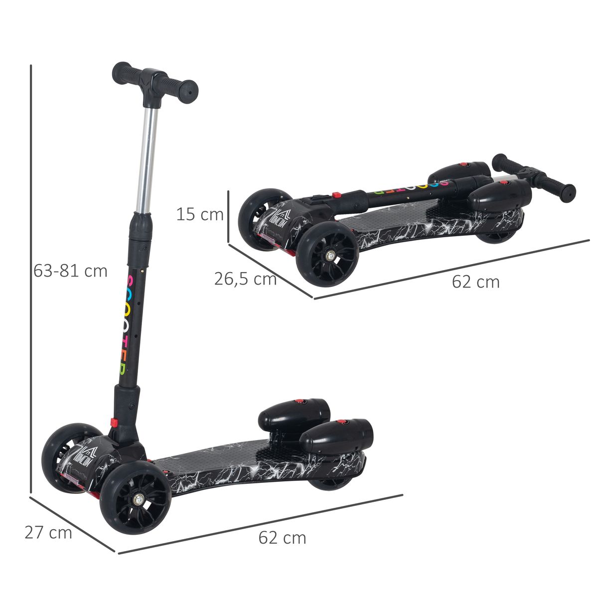 Patinete infantil Scooter Homcom plegable +3A negro 63-81x62x27 cm medidas