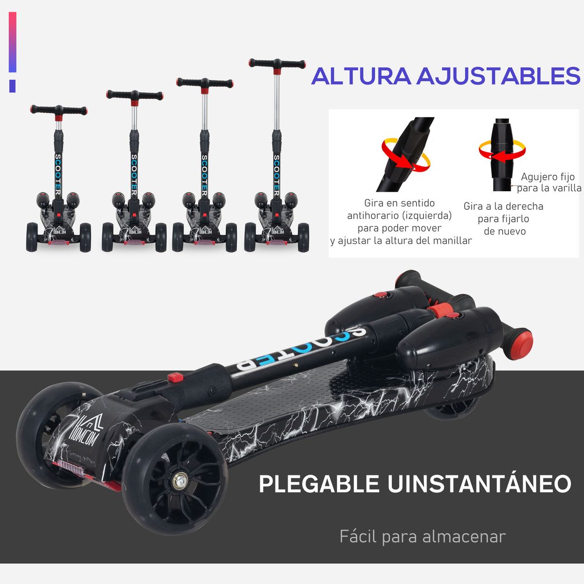 Patinete infantil Scooter Homcom plegable +3A negro 63-81x62x27 cm