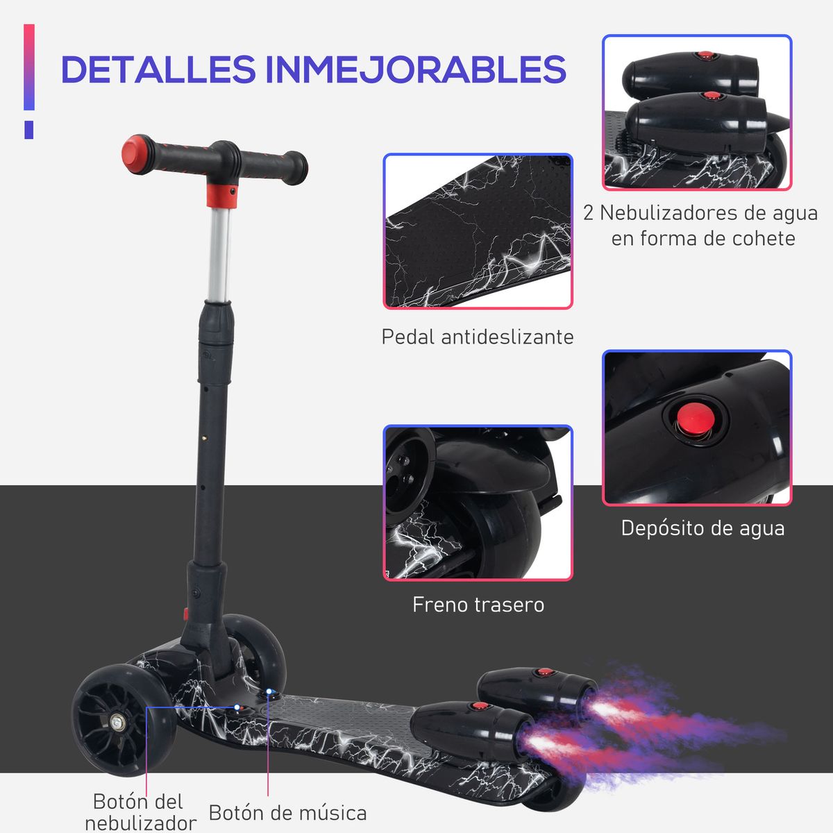 Patinete infantil Scooter Homcom plegable +3A negro 63-81x62x27 cm