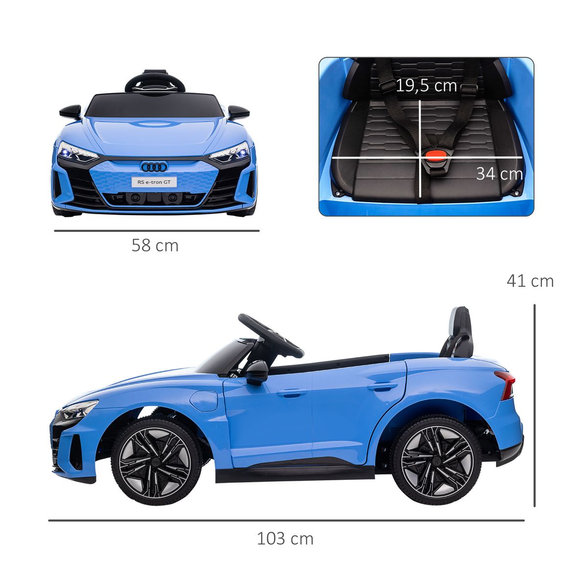 Coche eléctrico Audi RS e-tron GT Homcom con mando +3A azul 41x103x58 cm medidas