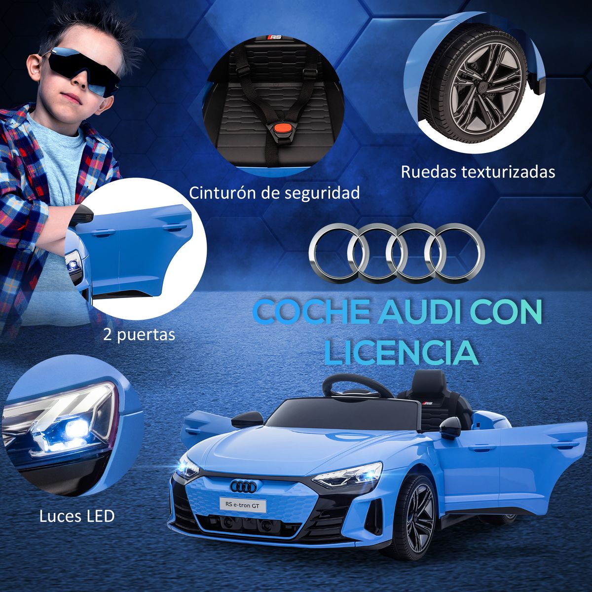 Coche eléctrico Audi RS e-tron GT Homcom con mando +3A azul 41x103x58 cm