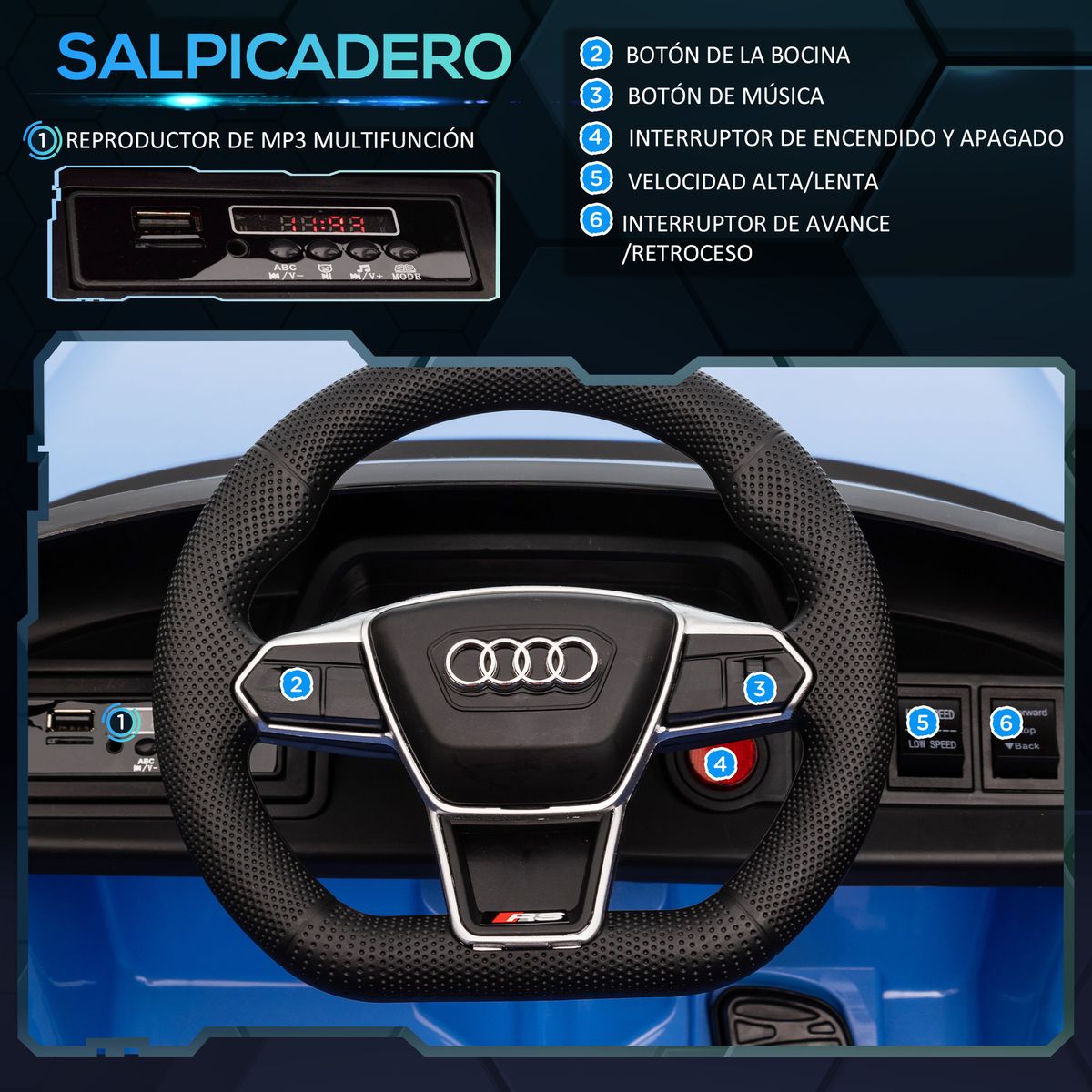 Coche eléctrico Audi RS e-tron GT Homcom con mando +3A azul 41x103x58 cm volante