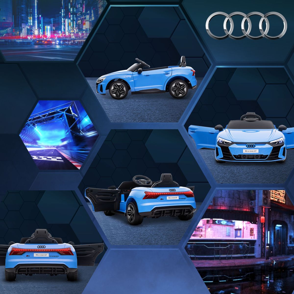 Coche eléctrico Audi RS e-tron GT Homcom con mando +3A azul 41x103x58 cm