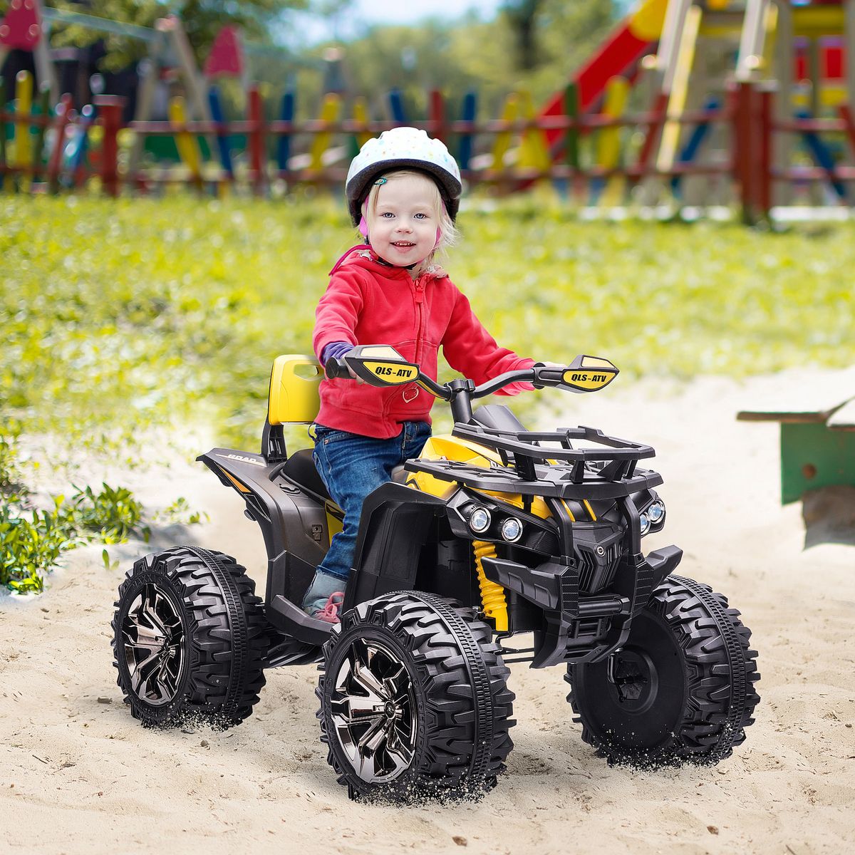 Quad eléctrico Terra Homcom 2 motores con faros + música +3A amarillo 73x100x65 cm animada