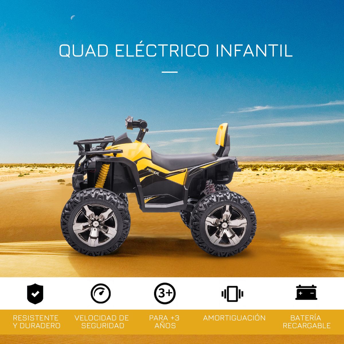 Quad eléctrico Terra Homcom 2 motores con faros + música +3A amarillo 73x100x65 cm