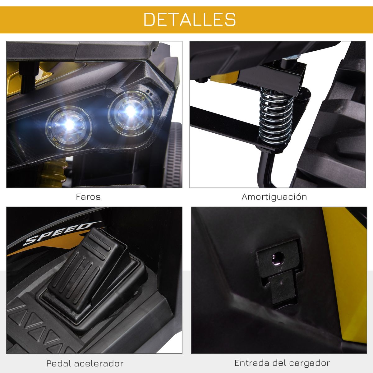 Quad eléctrico Terra Homcom 2 motores con faros + música +3A amarillo 73x100x65 cm