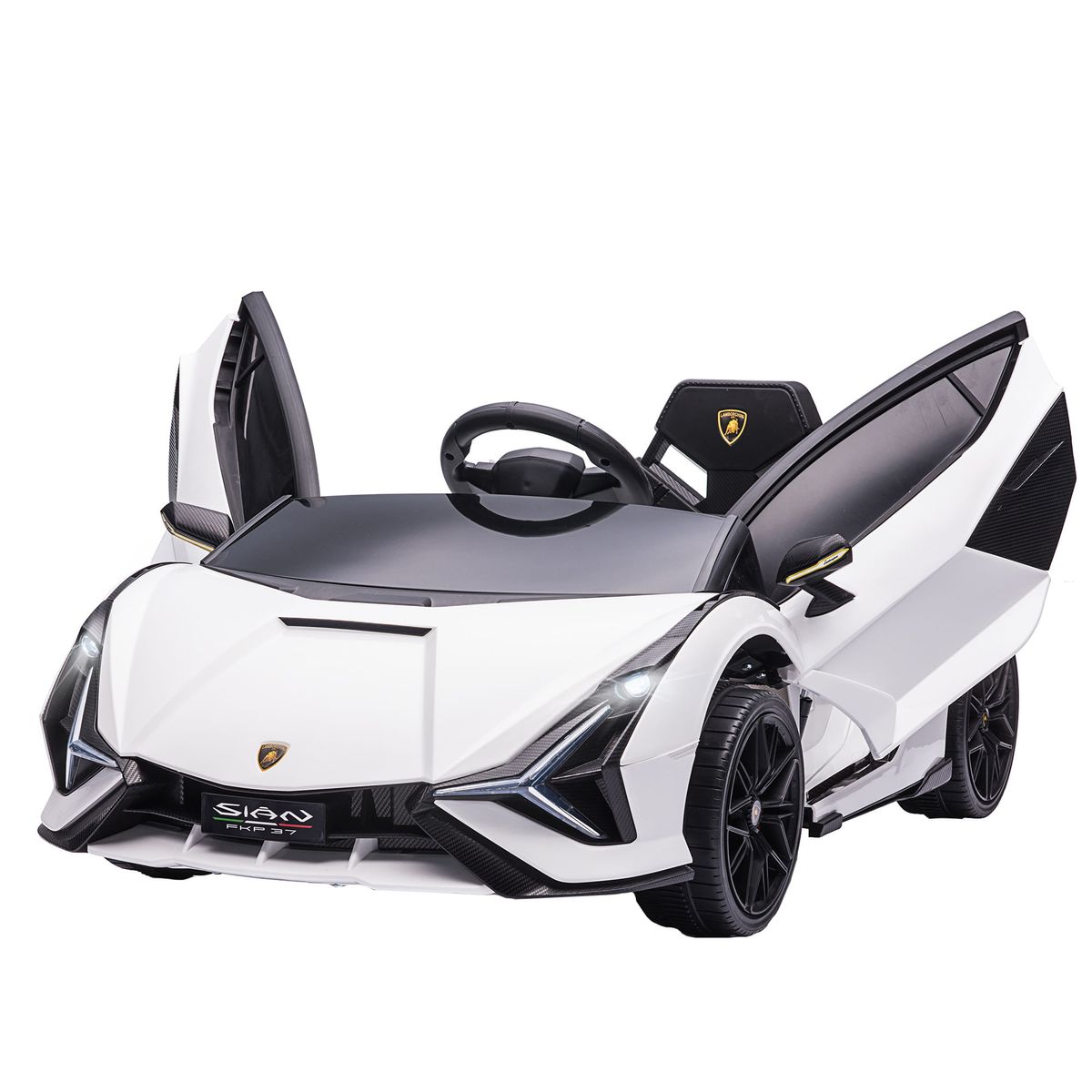 Cochecito eléctrico Lamborghini Sian Homcom con mando +3A blanco 40x108x62 cm fondo blanco