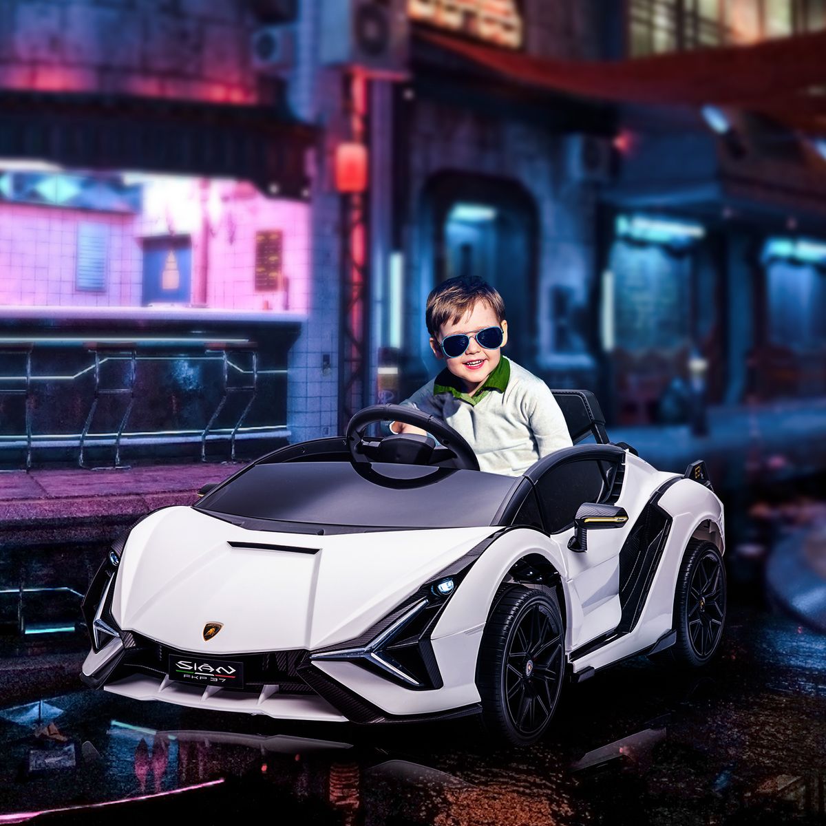 Cochecito eléctrico Lamborghini Sian Homcom con mando +3A blanco 40x108x62 cm animada