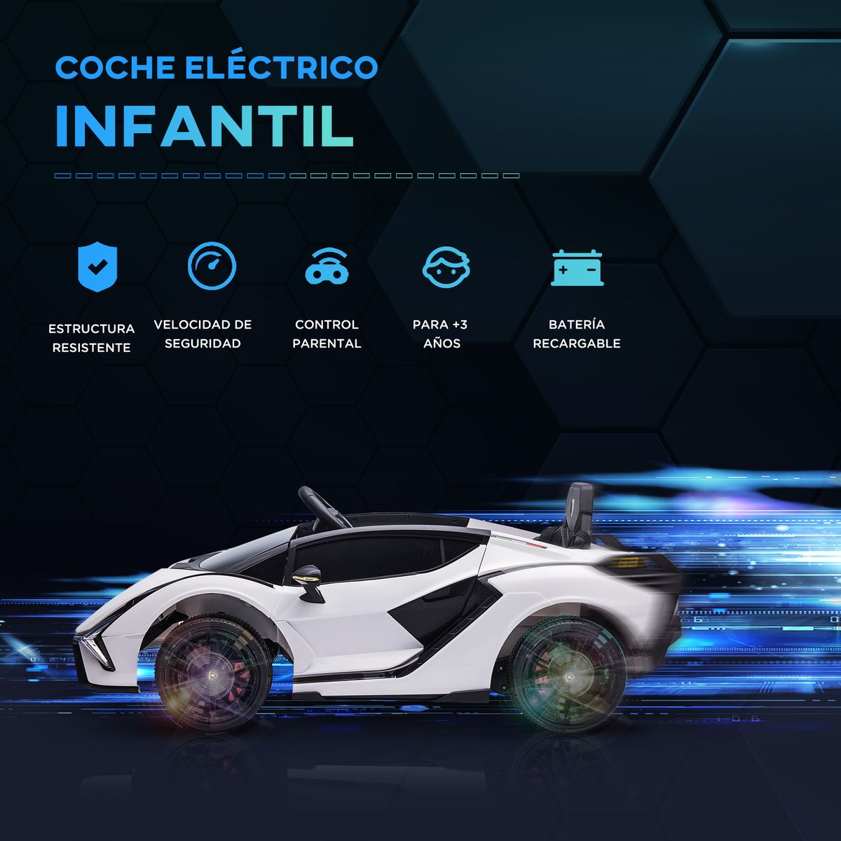 Cochecito eléctrico Lamborghini Sian Homcom con mando +3A blanco 40x108x62 cm velocidad