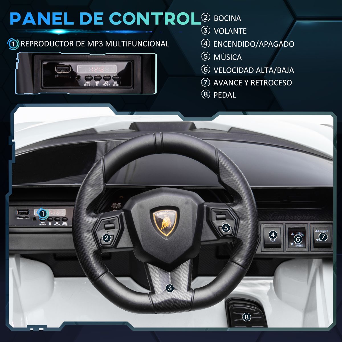 Cochecito eléctrico Lamborghini Sian Homcom con mando +3A blanco 40x108x62 cm volante