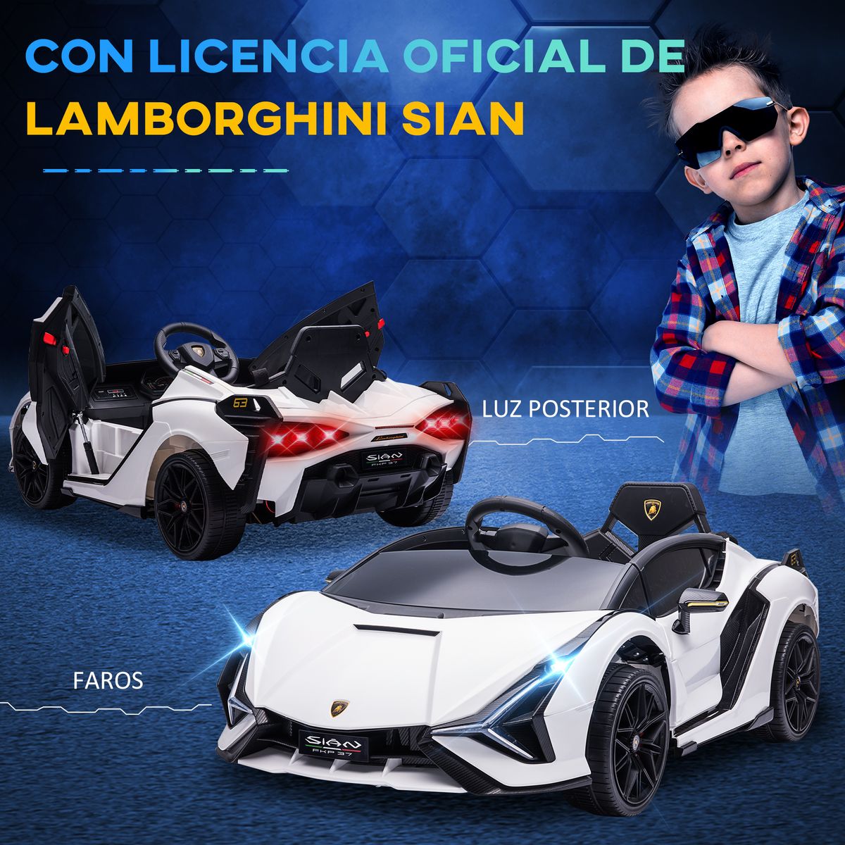 Cochecito eléctrico Lamborghini Sian Homcom con mando +3A blanco 40x108x62 cm mando