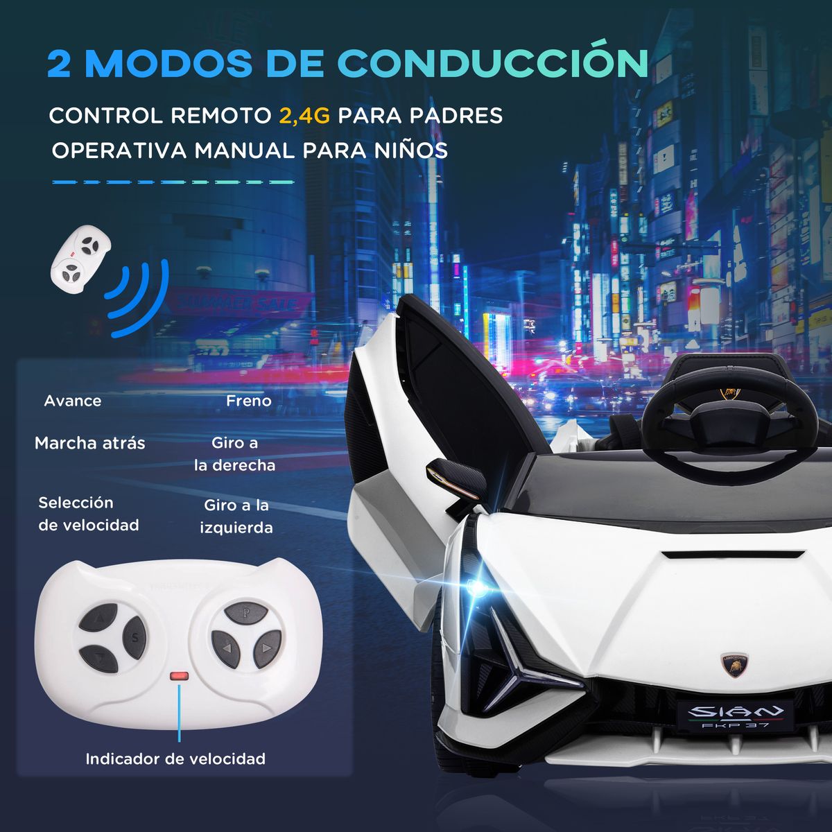 Cochecito eléctrico Lamborghini Sian Homcom con mando +3A blanco 40x108x62 cm web