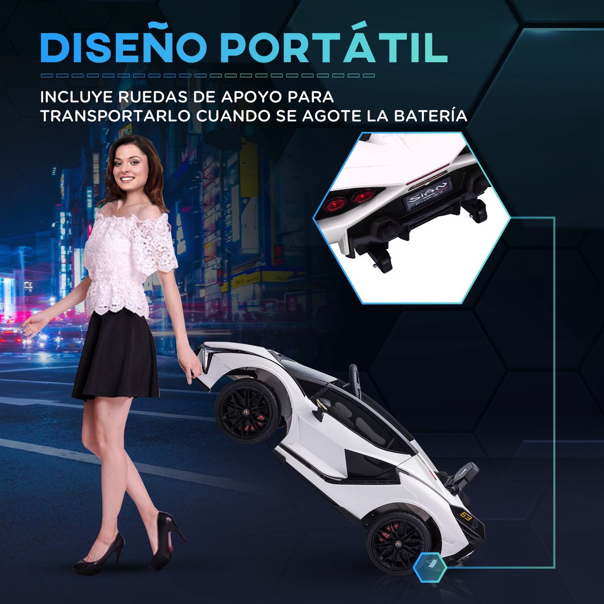 Cochecito eléctrico Lamborghini Sian Homcom con mando +3A blanco 40x108x62 cm facil traslado