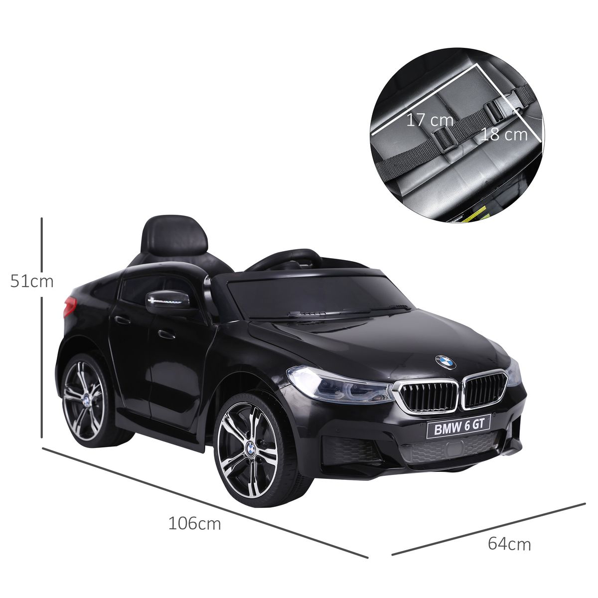 Cochecito eléctrico BMW 6GT Homcom infantil con luces + sonidos +3A negro 51x106x64 cm medidas