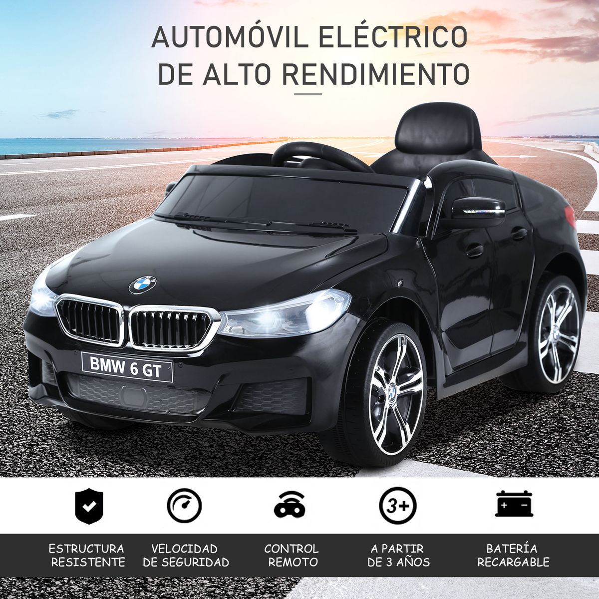 Cochecito eléctrico BMW 6GT Homcom infantil con luces + sonidos +3A negro 51x106x64 cm animada