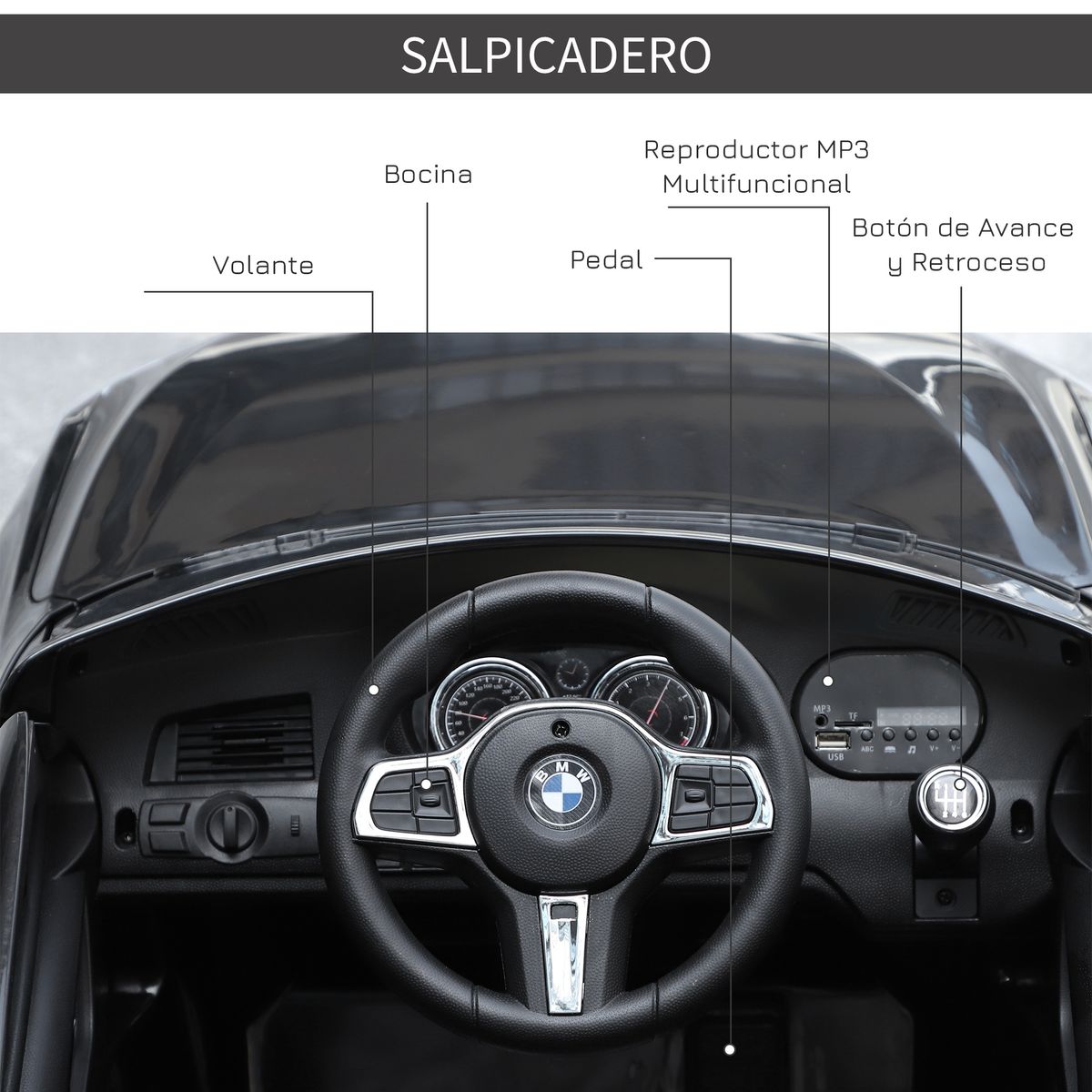 Cochecito eléctrico BMW 6GT Homcom infantil con luces + sonidos +3A negro 51x106x64 cm detalle