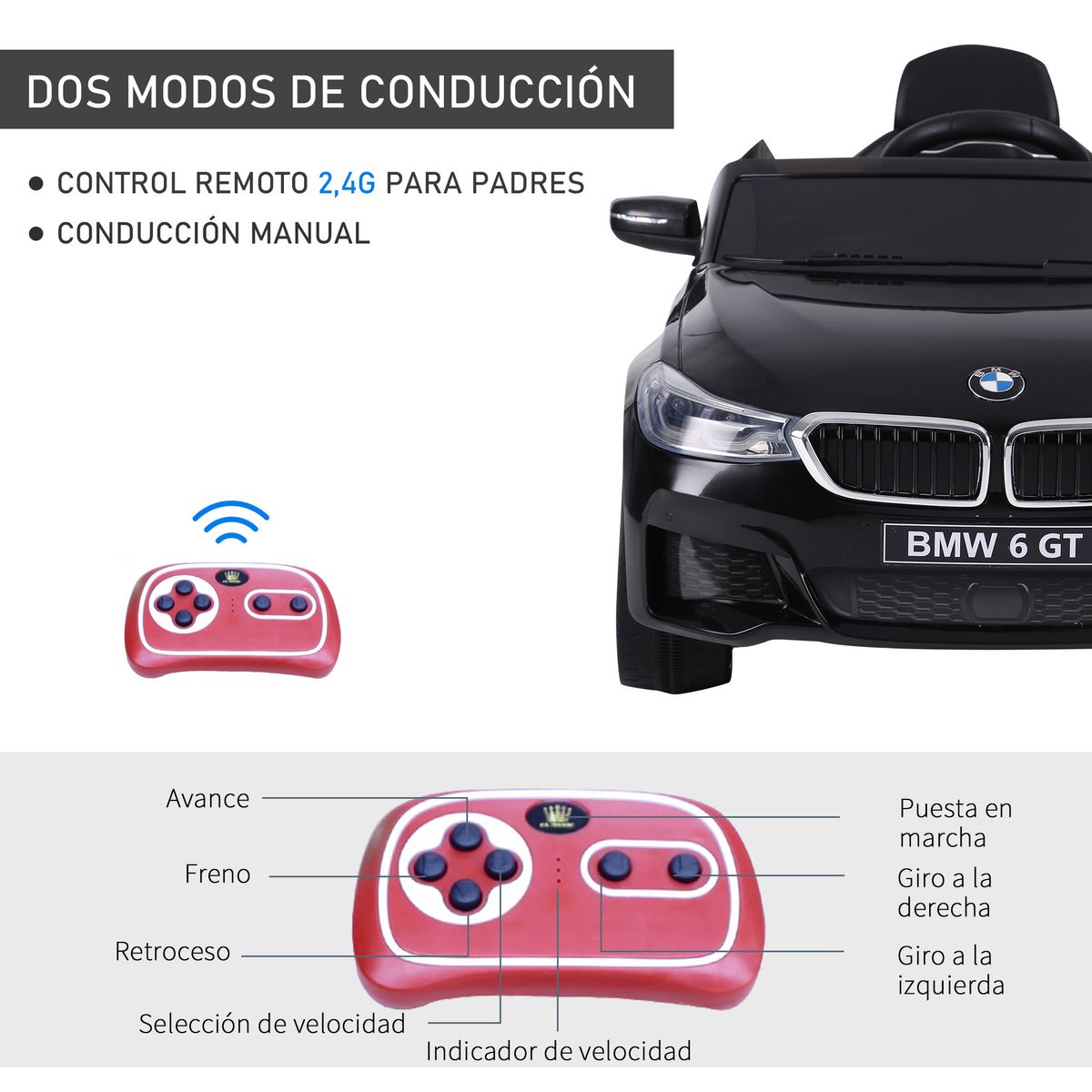Cochecito eléctrico BMW 6GT Homcom infantil con luces + sonidos +3A negro 51x106x64 cm web