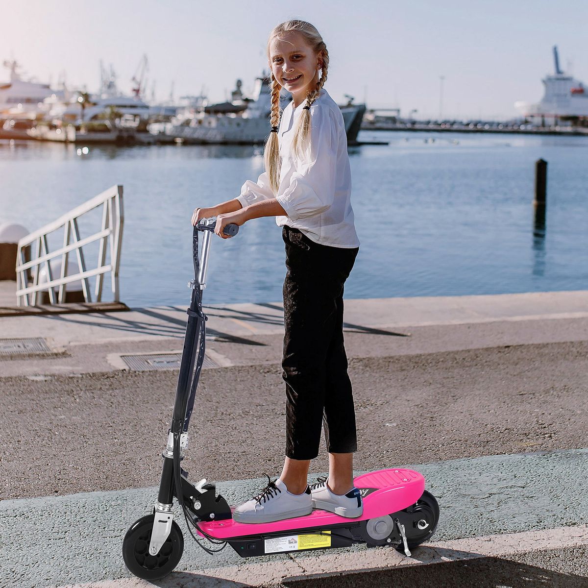 Patinete eléctrico infantil Homcom manillar ajustable +7A rosa 87-95x78x37 cm animada